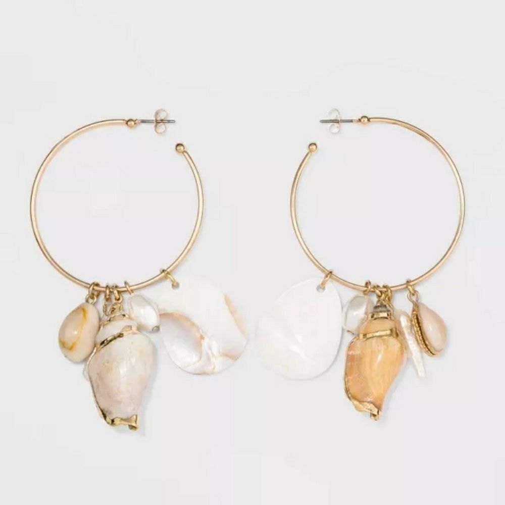 Gold Shell Hoop Earrings New - Picture 2 of 4